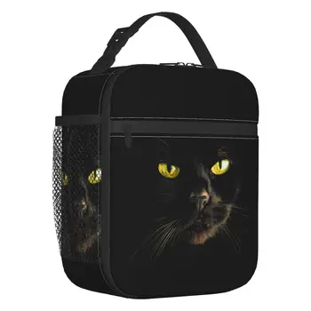 Изготовленная на заказ сумка для ланча с черным котом для мужчин и женщин, Теплый кулер, изолированные ланч-боксы для офиса для взрослых