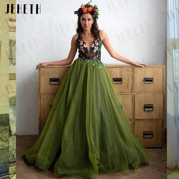 JEHETH Forest Green, платье для выпускного вечера с V-образным вырезом, Длинные тюлевые Женские Платья со шлейфом