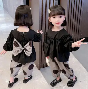 Весенне-осенний Костюм для маленьких девочек, Японский корейский топ с пышными рукавами и большим бантом + Брюки в горошек, Свободные повседневные комплекты детской одежды