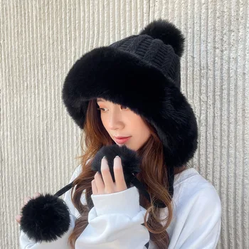 Женские шапки COKK, зимняя шапочка, Вязаный толстый бархатный мех с помпоном, сохраняющий тепло, Защита ушей, Ветрозащитная Повседневная зимняя шапка, Женская