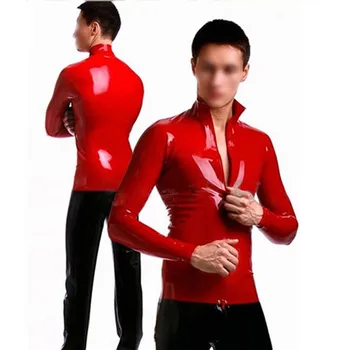 Мужская латексная стрейчевая куртка, красный резиновый мужской топ на молнии спереди