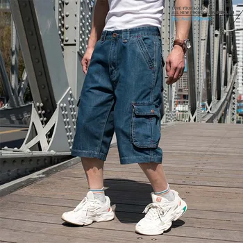 Mcikkny Винтажные мужские Летние джинсовые шорты-карго с множеством карманов, Синие Прямые Короткие джинсы для мужчин, Большие Размеры 30-46