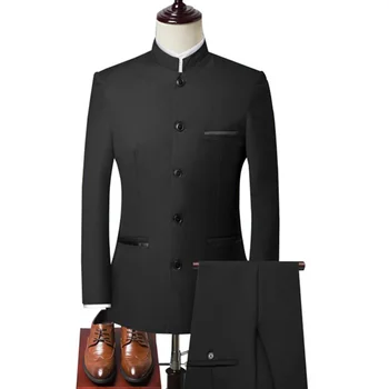 Мужской Костюм-двойка с воротником-стойкой в китайском стиле Slim Fit, комплект из двух предметов/мужской блейзер Zhong Shan, куртка, пальто, брюки, брюки, 2 предмета