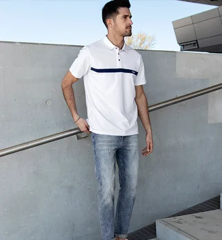 W4610- летняя новая мужская рубашка поло, мужская хлопковая белая футболка с отворотом, расшитая бисером, с короткими рукавами.J8486