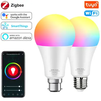 Zigbee/Wifi Светодиодная Лампа E27 18 Вт 15 Вт RGB С Регулируемой Яркостью B22 Лампа Tuya Smart Life APP Control, Совместимая С Alexa Google Для Дома