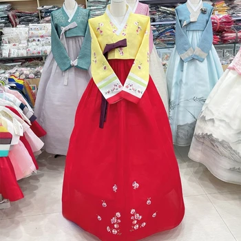 Свадебный Ханбок Для Новобрачных, Новая Изысканная мода Ханбок, Корейское традиционное народное сценическое шоу, Желтый топ и красное платье