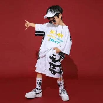 Костюмы для мальчиков в стиле хип-хоп, Белый костюм, Свободная толстовка с надписью, футболка с рисунком, Шорты с лентой, наряды для уличных танцев, детская одежда